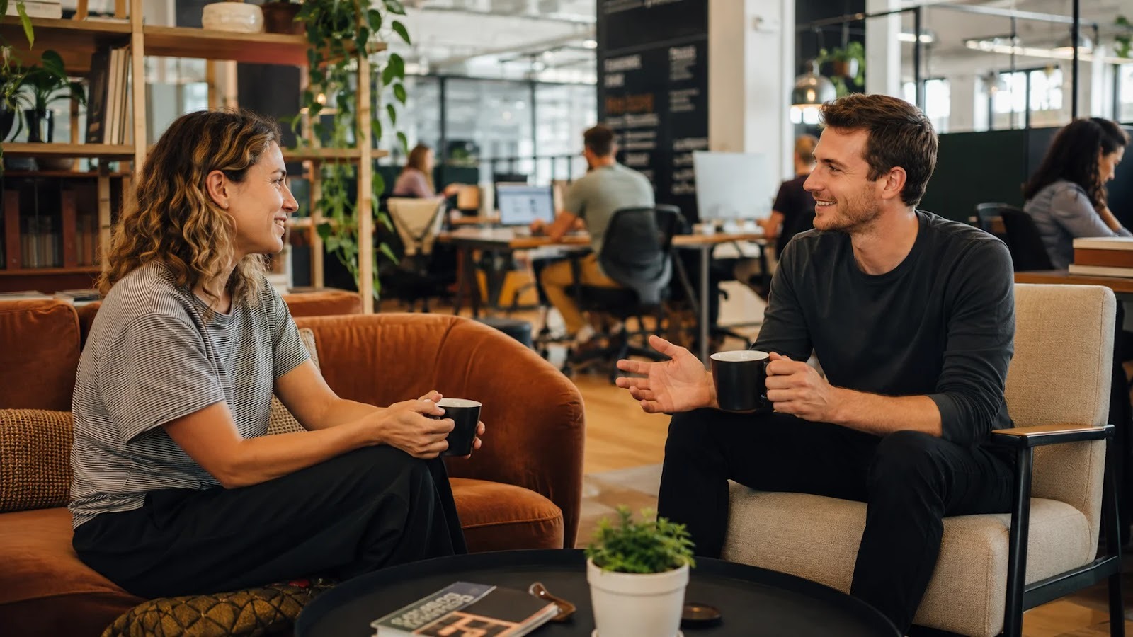 Two sole traders talking in the makerSP_CE coworking space