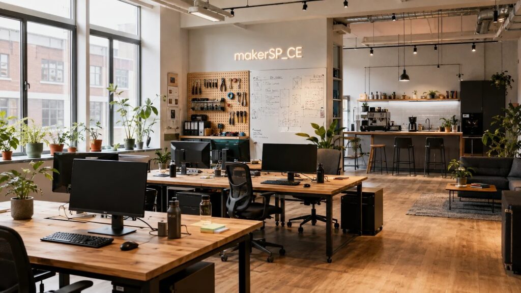 Notranjost coworkinga makerSP_CE z napisom in maker orodji na steni