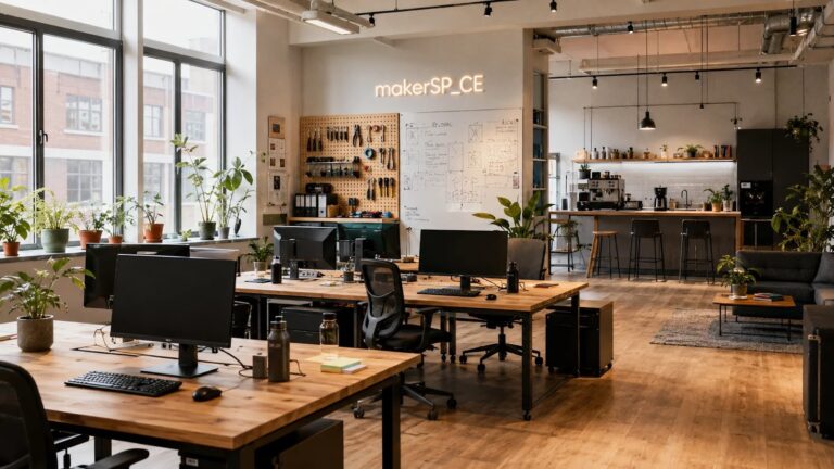 Notranjost coworkinga makerSP_CE z napisom in maker orodji na steni