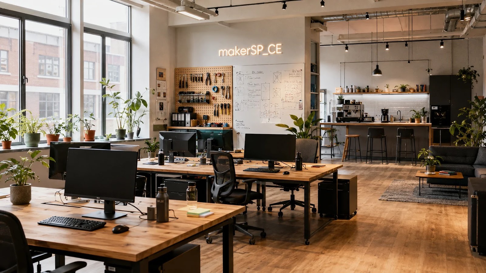Notranjost coworkinga makerSP_CE z napisom in maker orodji na steni