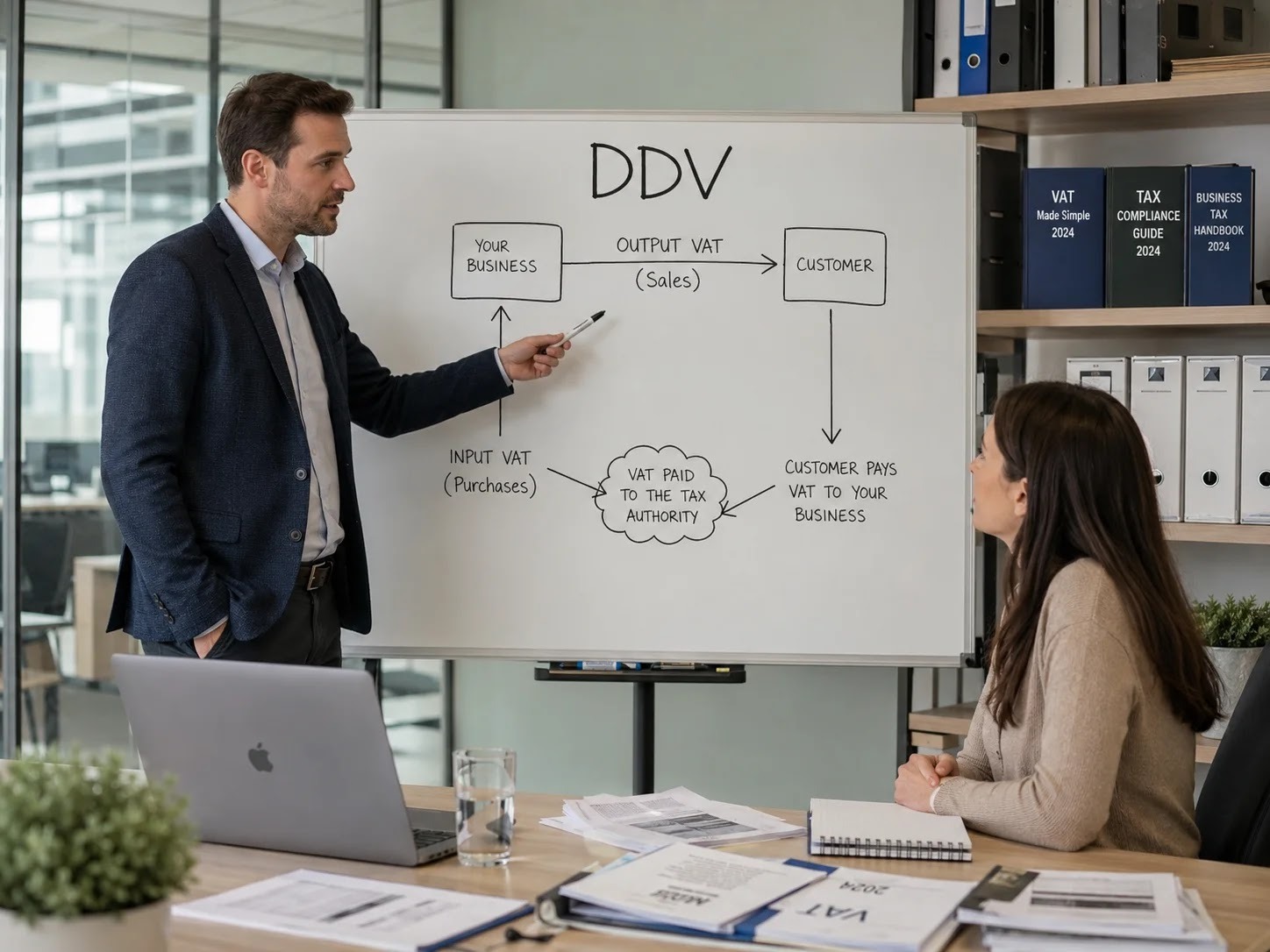 An advisor explaining how the VAT system and input VAT deduction work