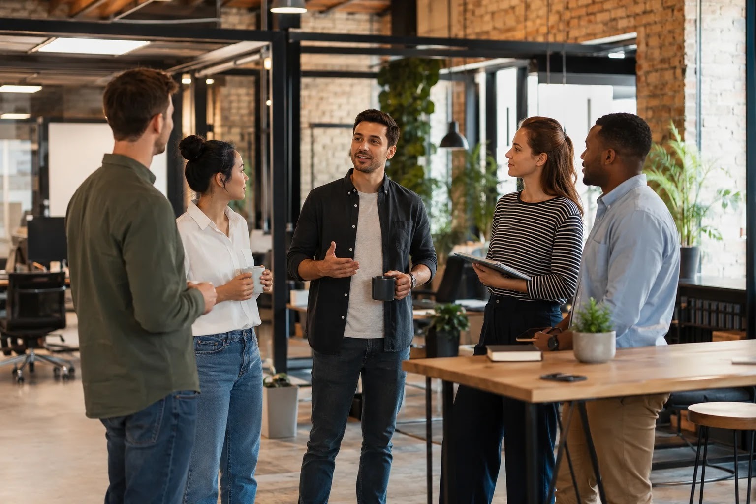 A short standing stand-up meeting of a team