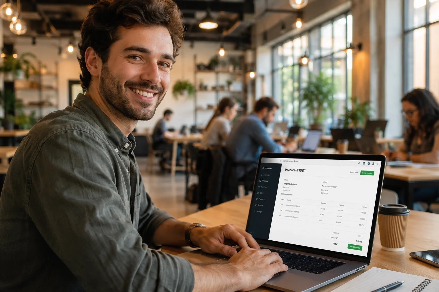 A new entrepreneur issuing their first invoice in a coworking space