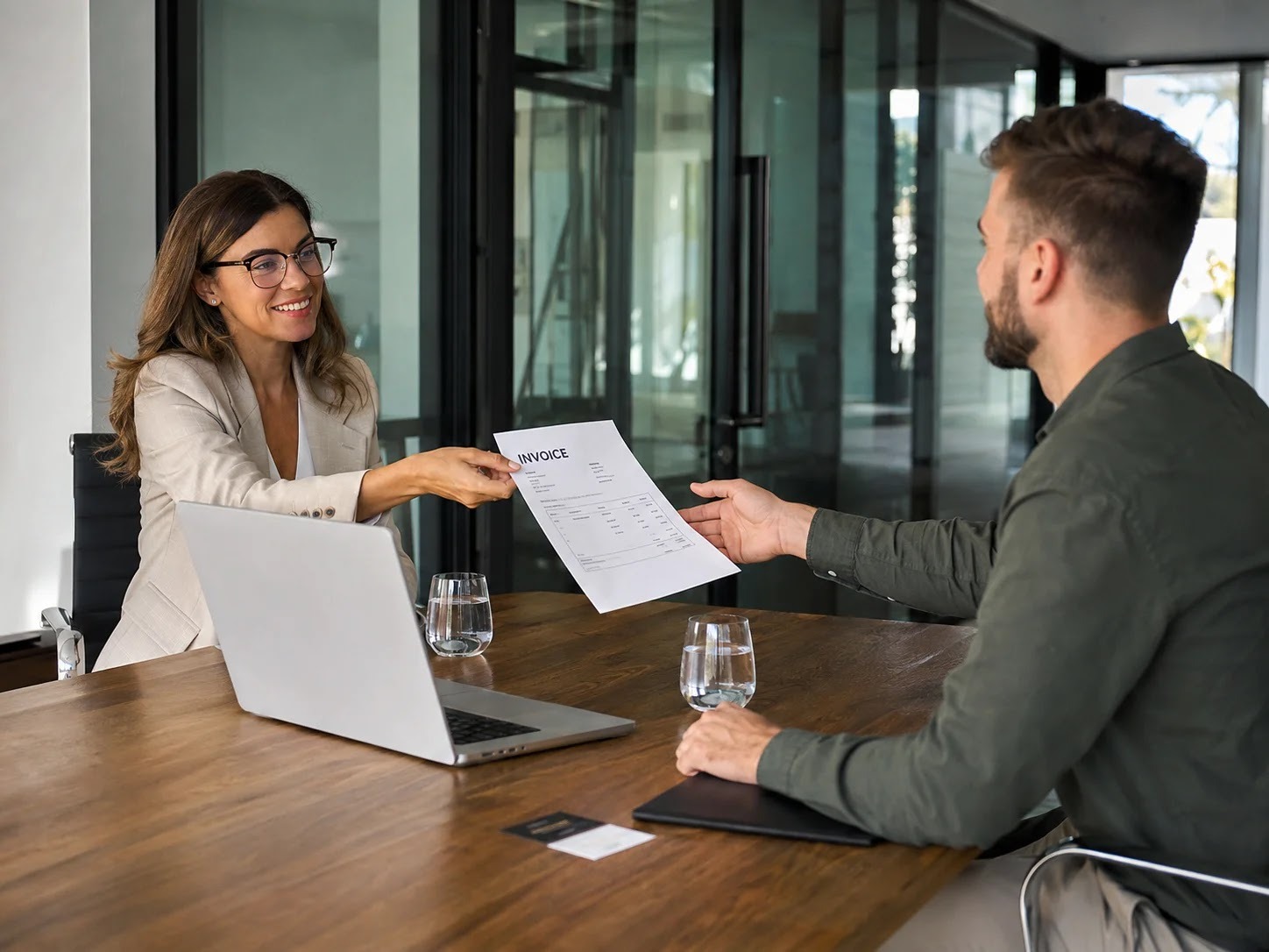 An entrepreneur handing an issued invoice to a client