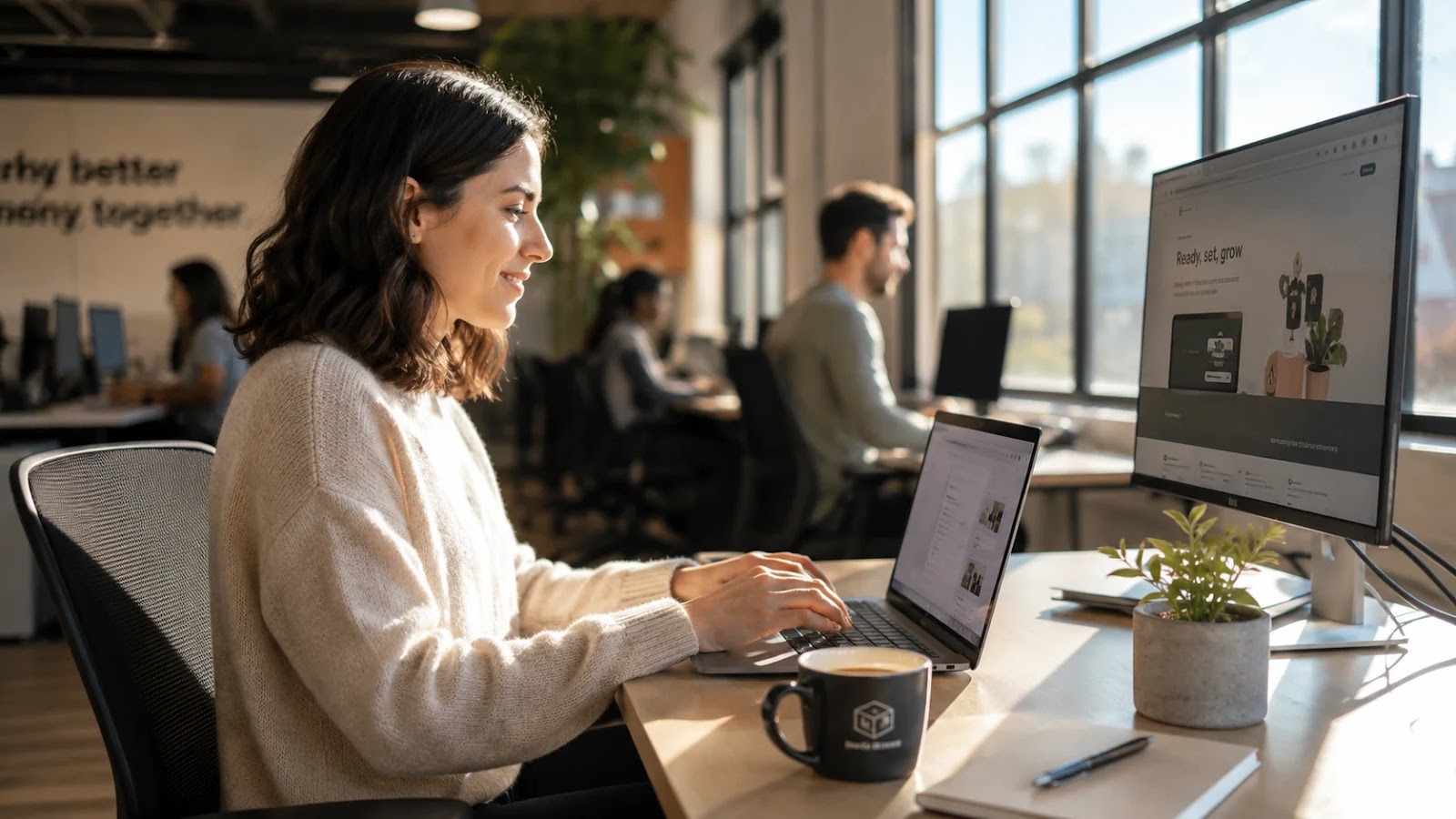Entrepreneur working productively at a desk in the makerSP_CE coworking space