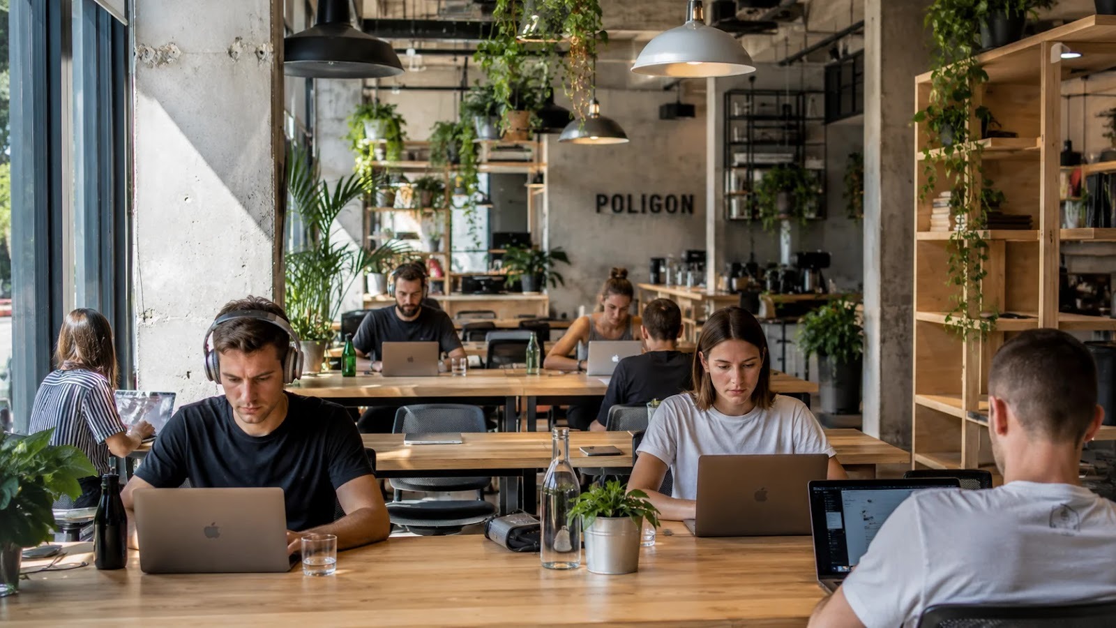 A remote worker at a desk in the makerSP_CE coworking space in Ljubljana