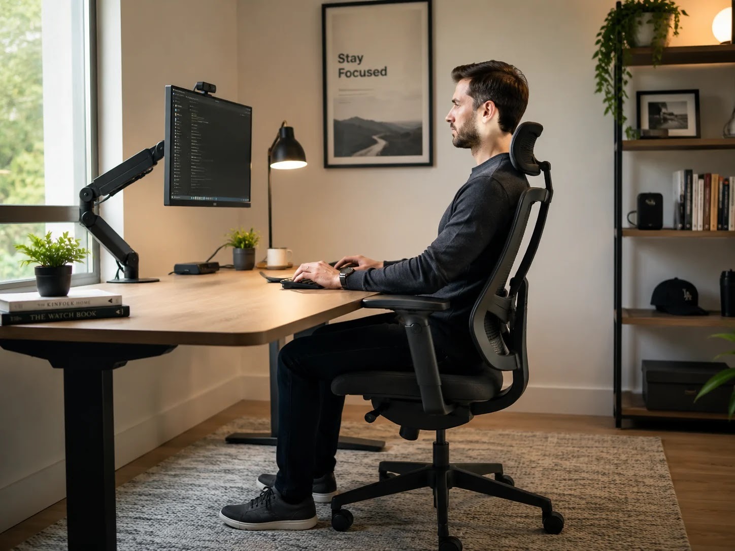 A properly set up ergonomic workstation with an external monitor