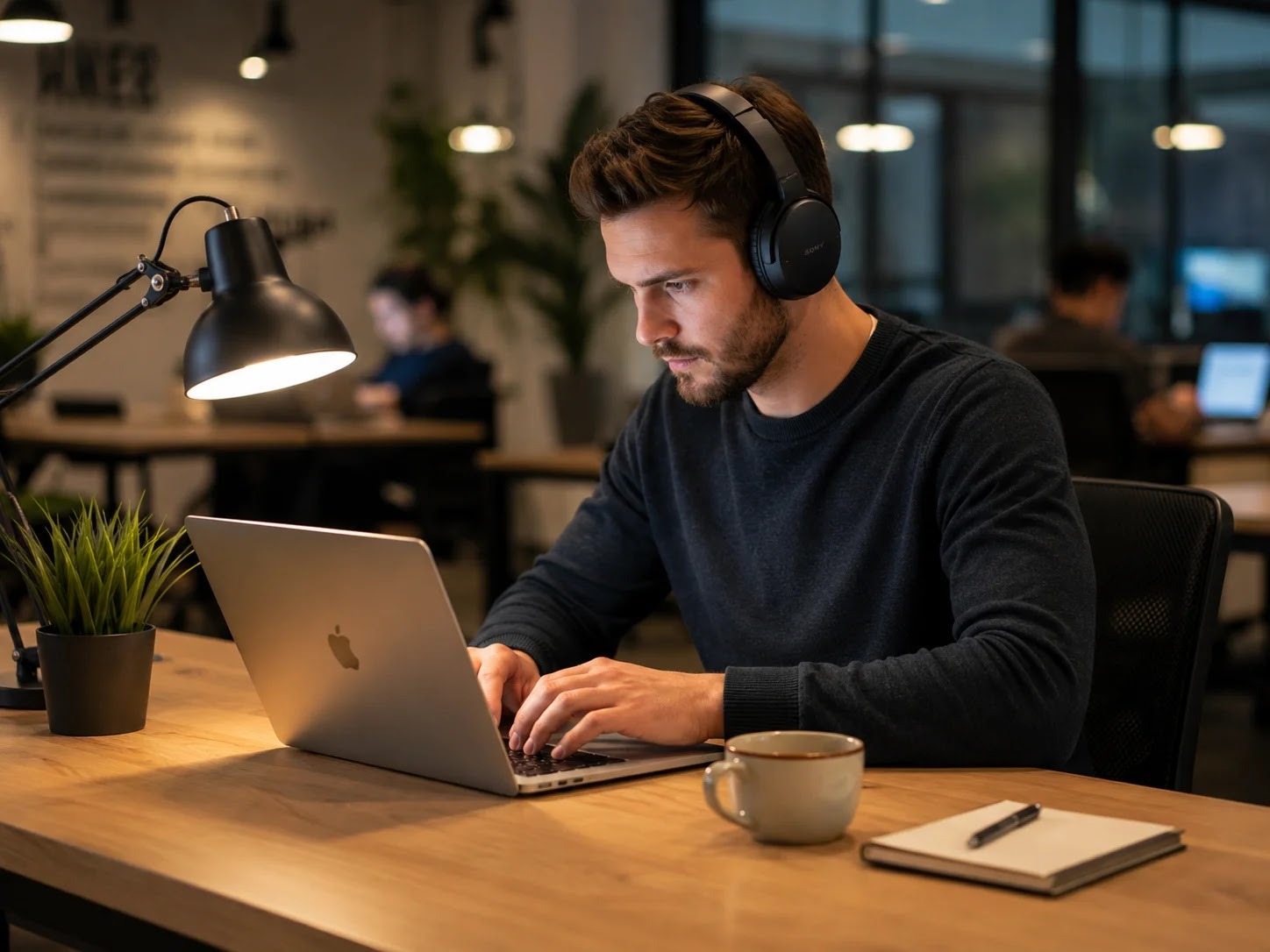 A person with headphones deeply focused on work in a coworking space