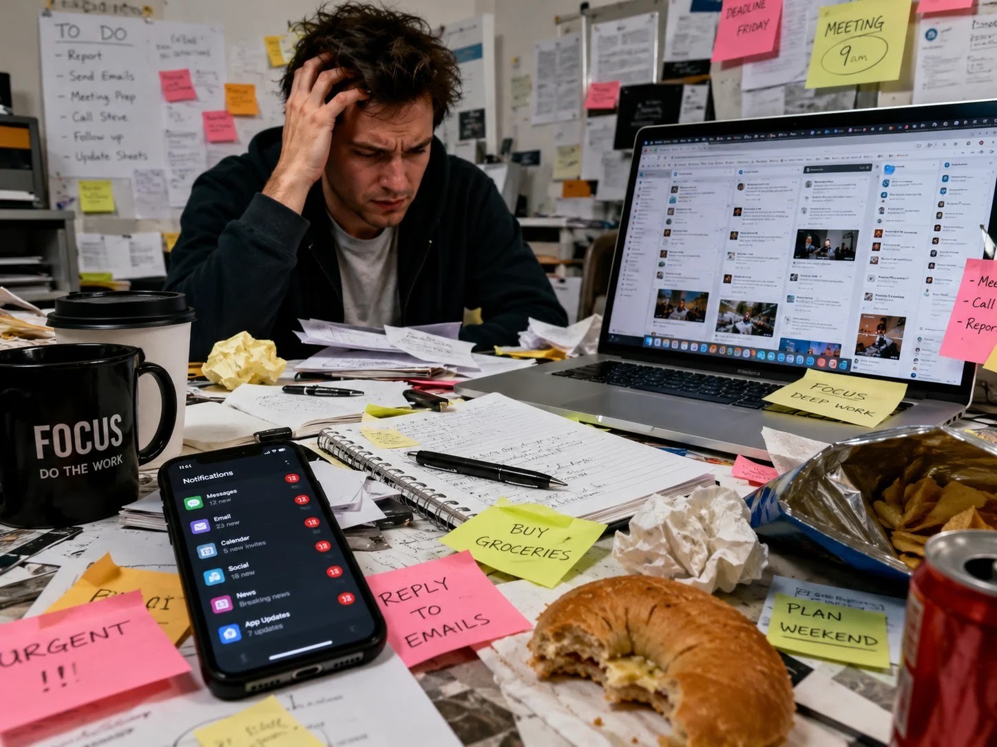 A chaotic work environment full of distractions and notifications