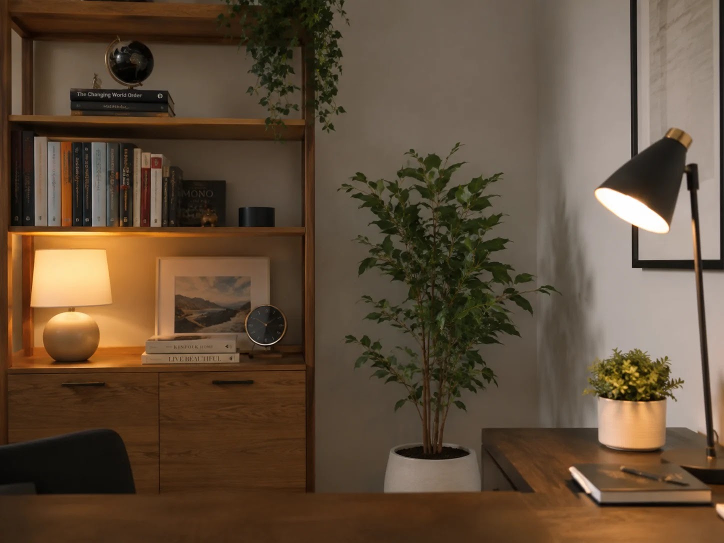 A tidy neutral background for a video call with a bookshelf
