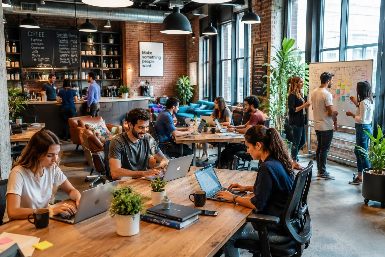 A lively coworking space with members working together