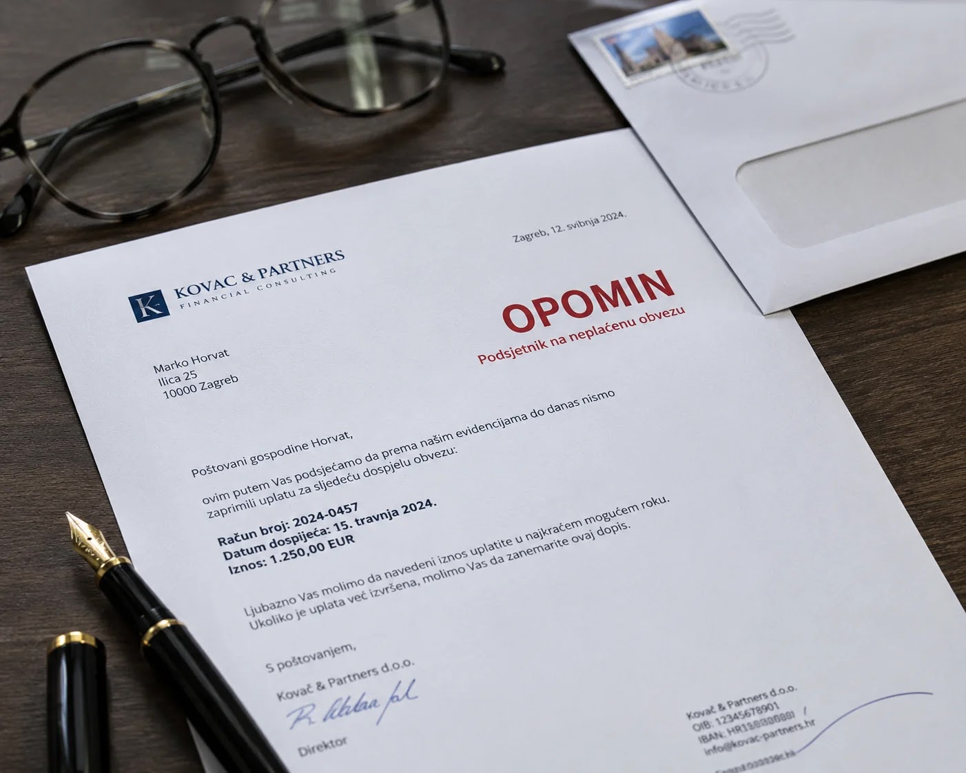 A payment reminder for an unpaid invoice on a desk