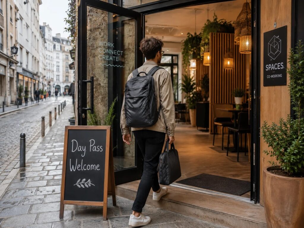Digital nomad entering a coworking space in Ljubljana with a laptop bag