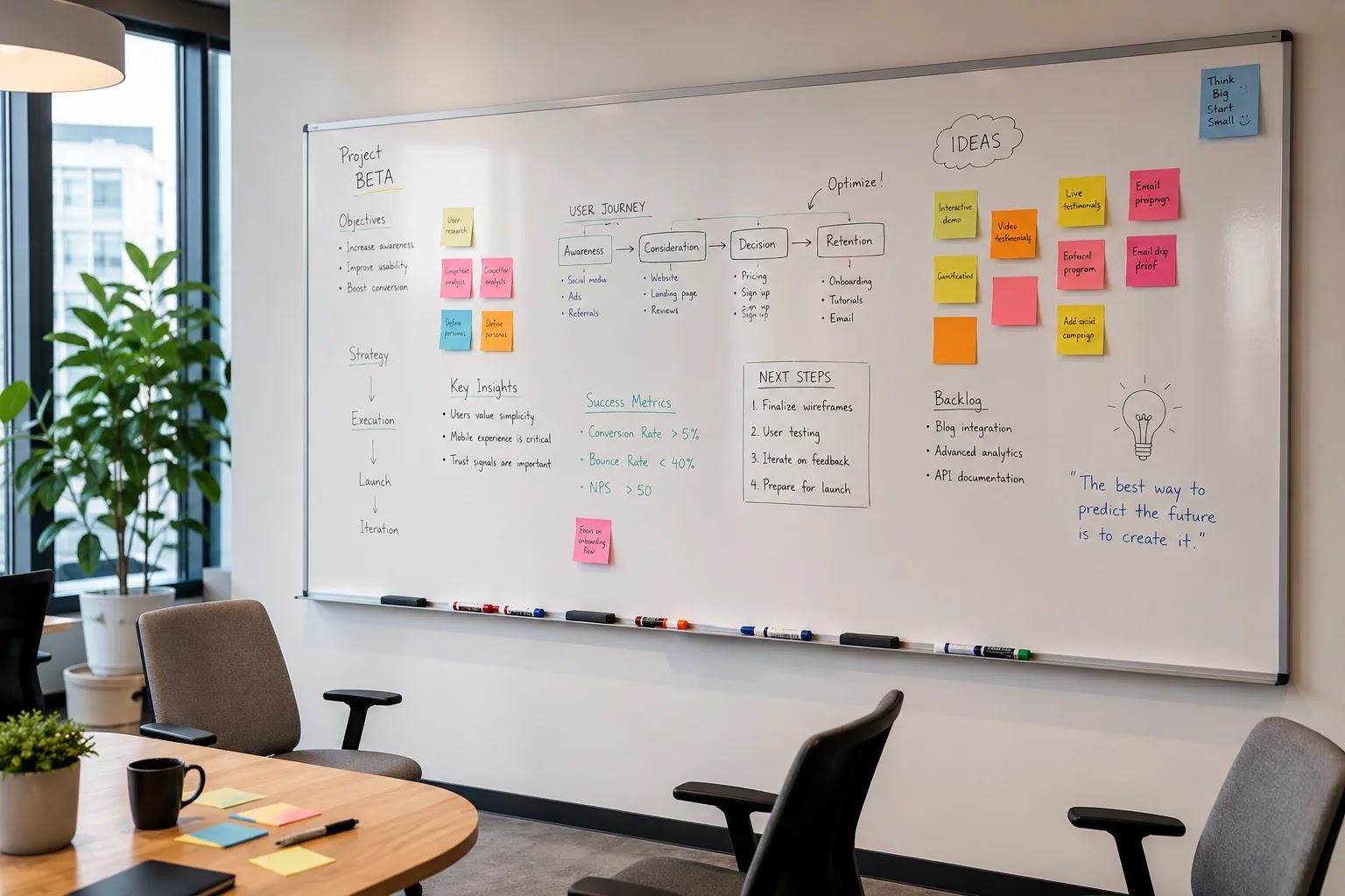 Whiteboard covered with sticky notes for a workshop in a meeting room
