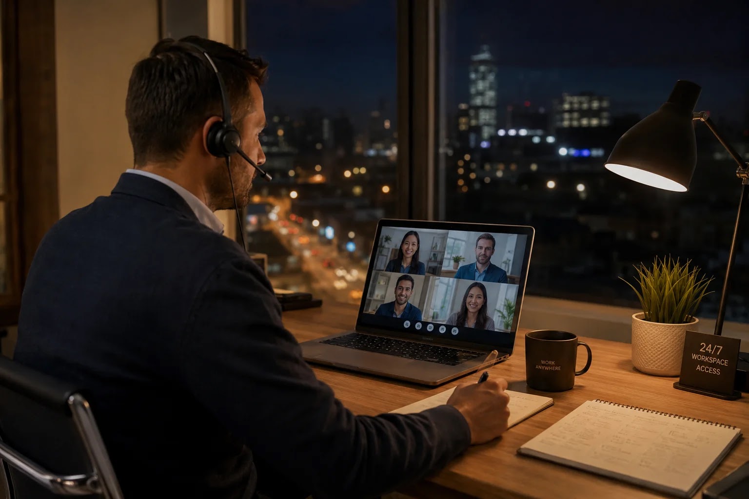 Evening video call with a distant time zone from a quiet workspace