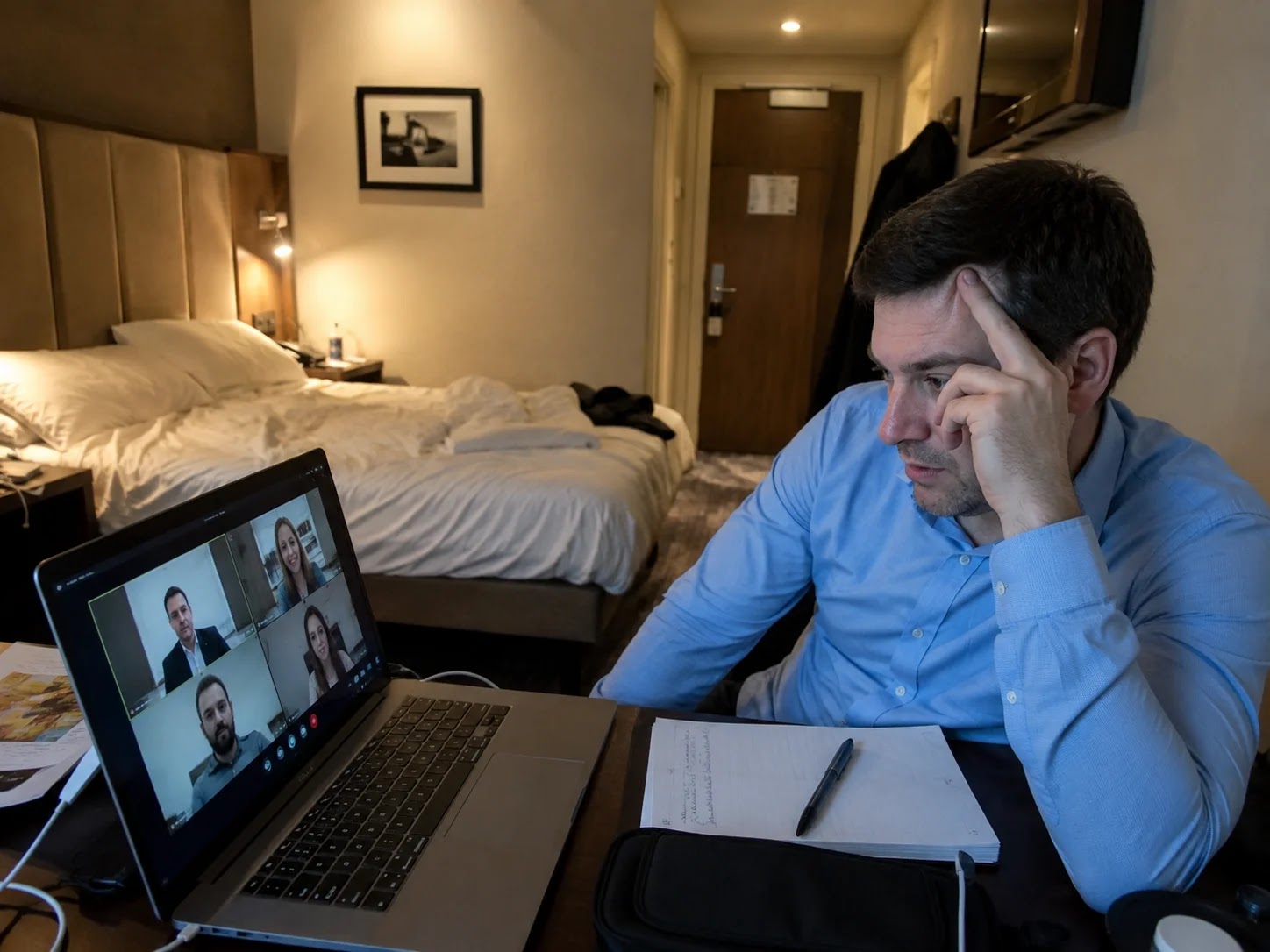 Video call from a cramped hotel room with a bed in the background
