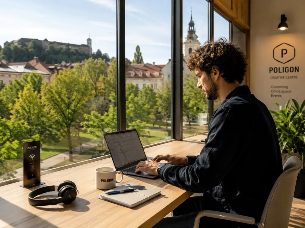 Digital nomad working at a coworking desk with a Tivoli Park view in Ljubljana