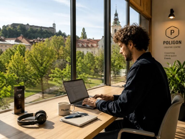 Digital nomad working at a coworking desk with a Tivoli Park view in Ljubljana