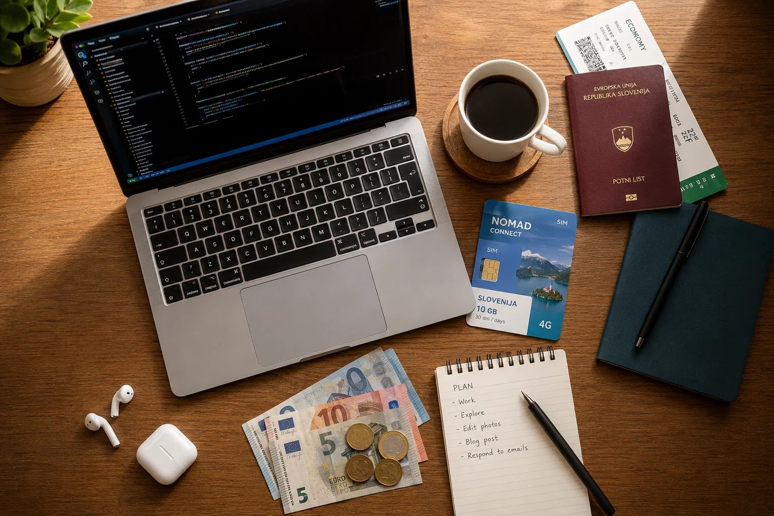 Digital nomad desk flatlay with laptop, coffee, passport and euros