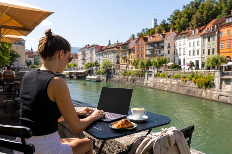 Digital nomad working on a laptop at a riverside cafe terrace in Ljubljana