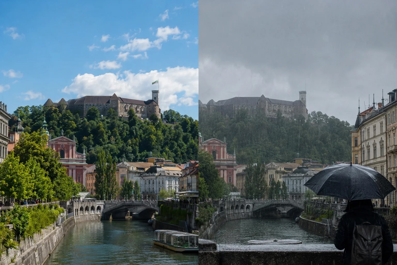 Split view of Ljubljana representing the pros and cons for digital nomads
