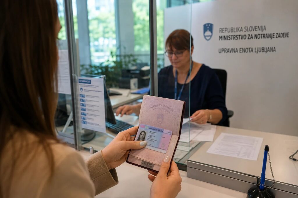 Applicant handing a passport across the counter at a Slovenian administrative office