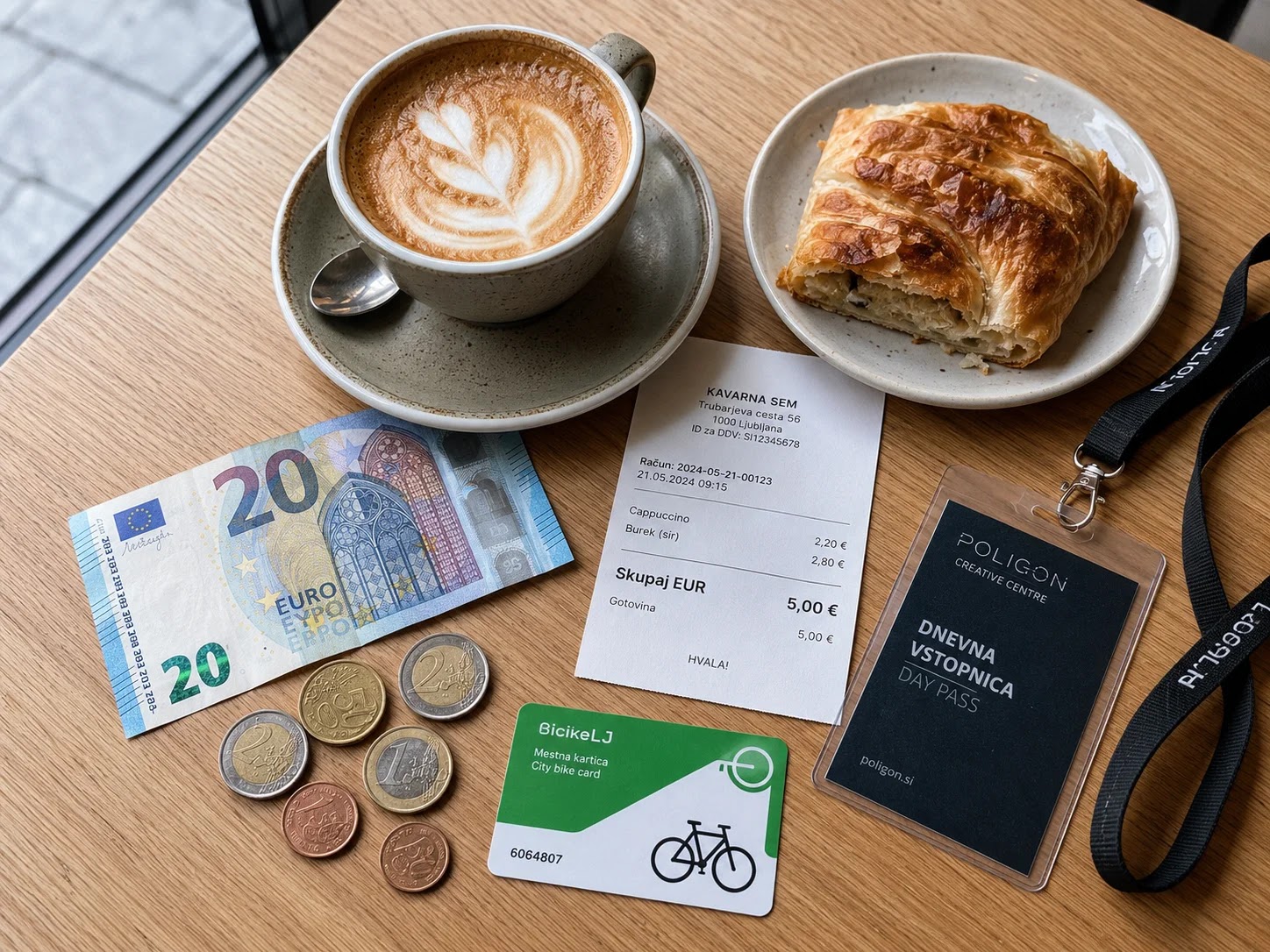 Coffee, pastry, euro coins and receipts laid out to show a daily budget in Ljubljana