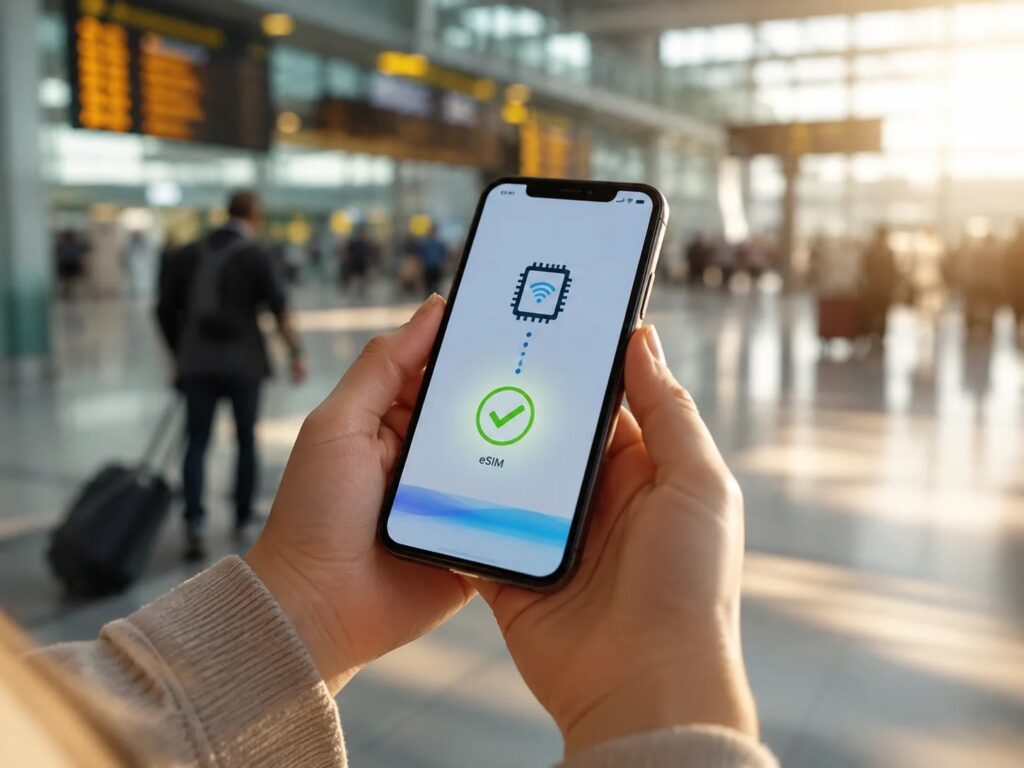 Traveller activating an eSIM on a smartphone at Ljubljana airport