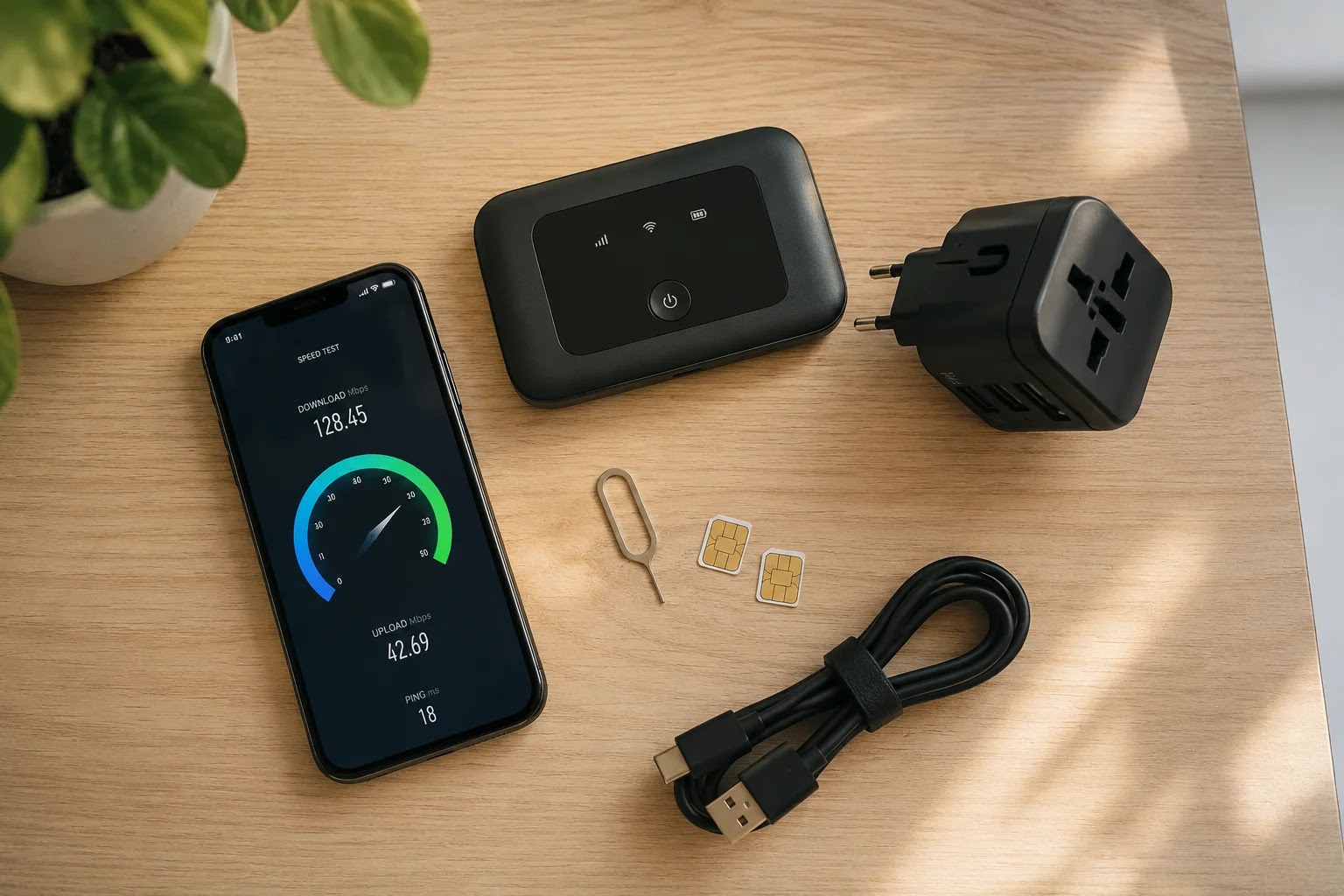 Smartphone speed test next to a mobile hotspot and charger on a desk