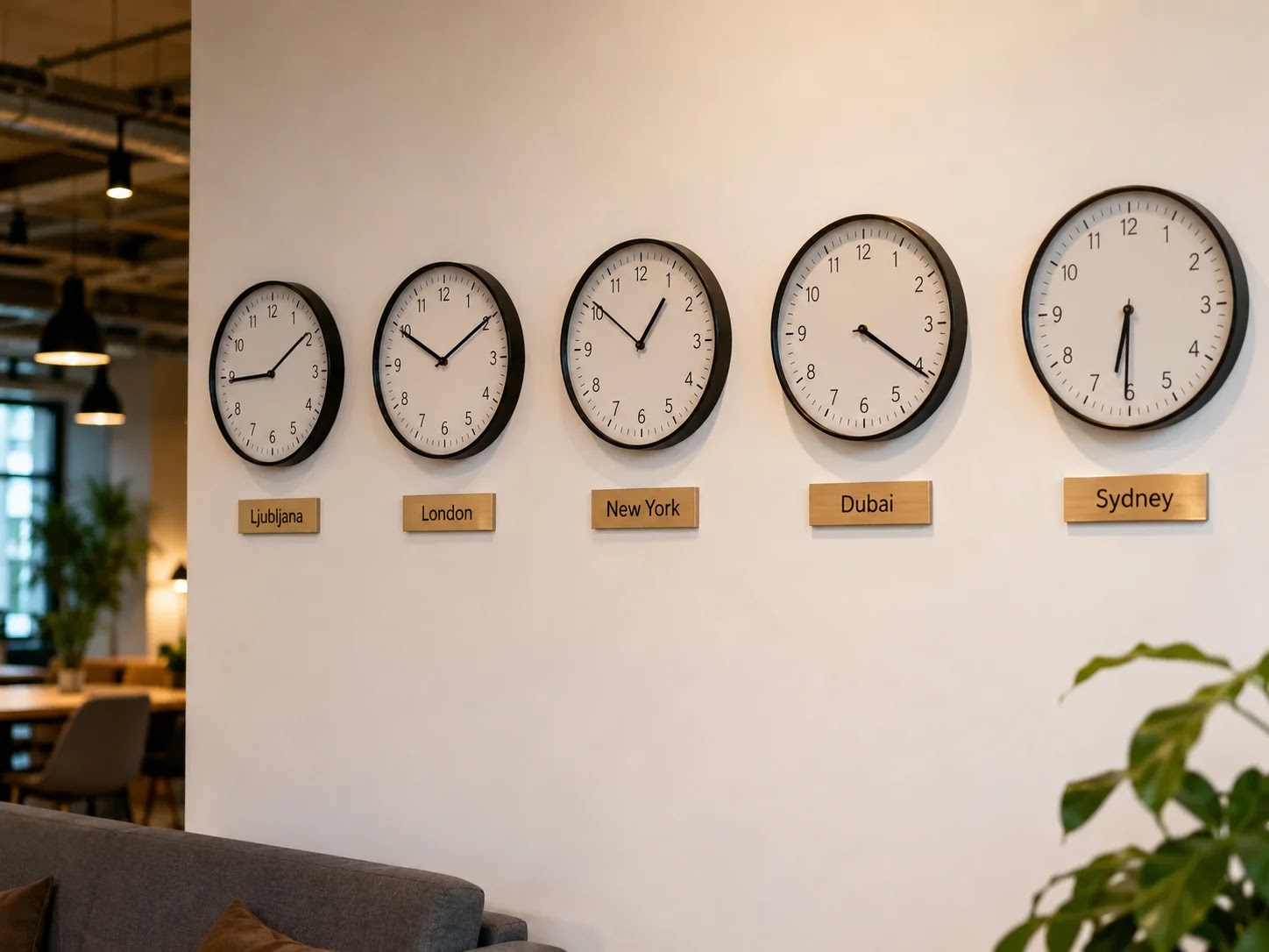 Row of wall clocks showing London, Ljubljana, Dubai and Sydney times