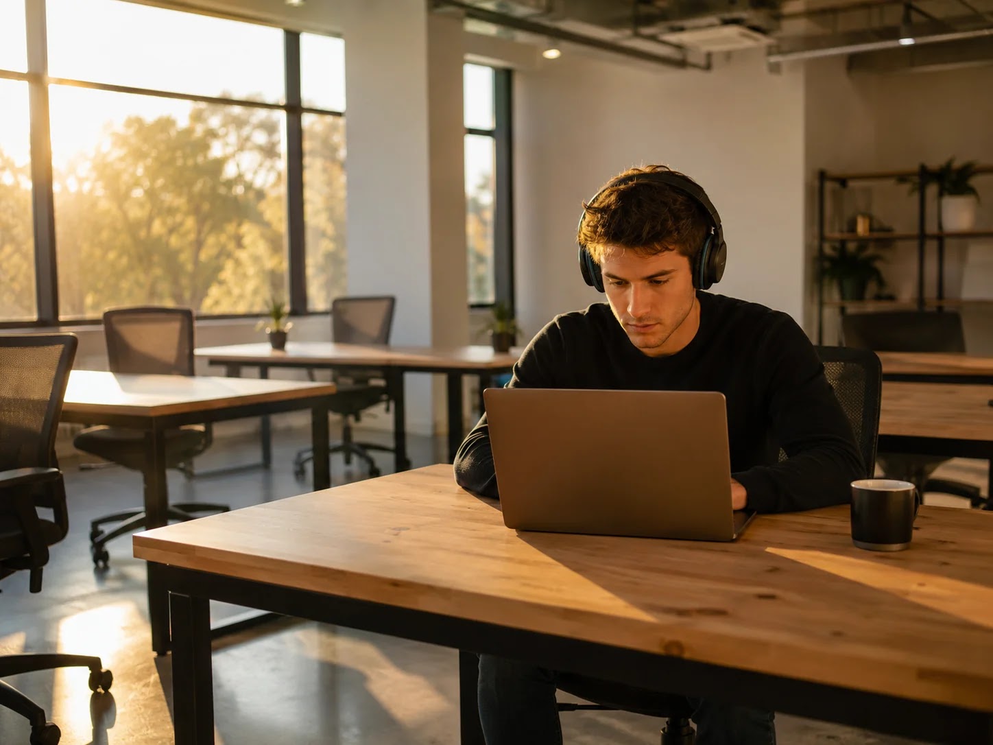 Remote worker doing focused morning deep work at a desk in Ljubljana