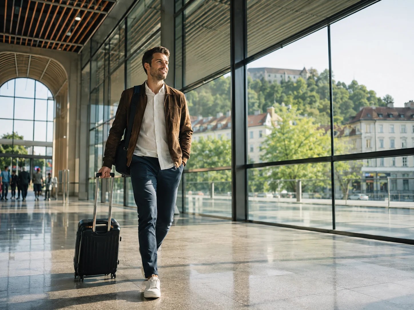 Traveller with suitcase at Ljubljana train station on a stopover workday