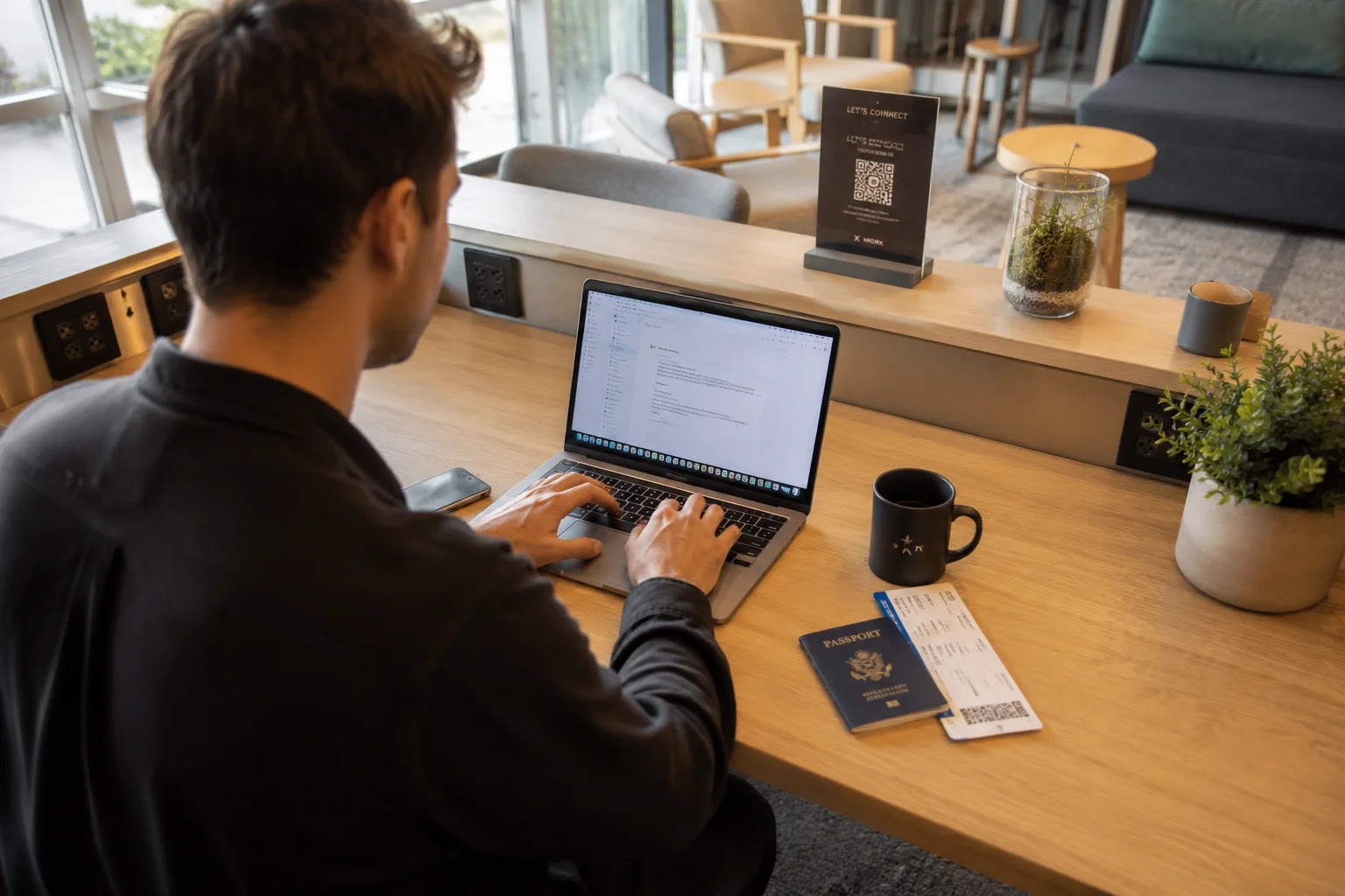 Boarding pass beside a laptop during a productive travel day in Ljubljana