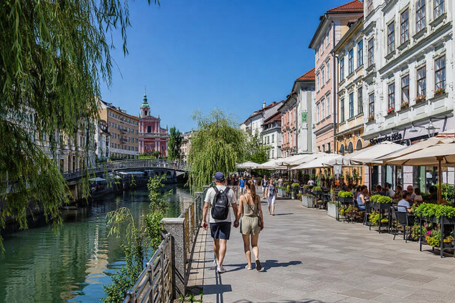 Pedestrian riverside walk in car-free central Ljubljana