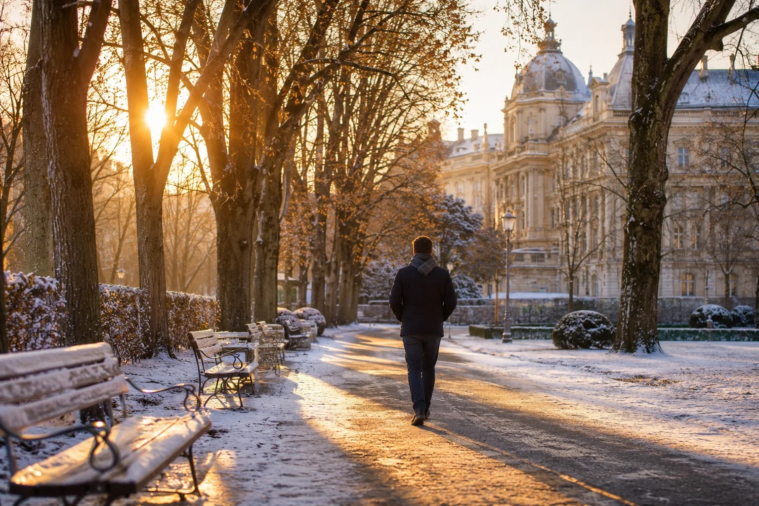 Winter walk in Tivoli Park in low afternoon sun in Ljubljana