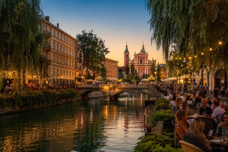 Summer riverside terraces along the Ljubljanica in Ljubljana
