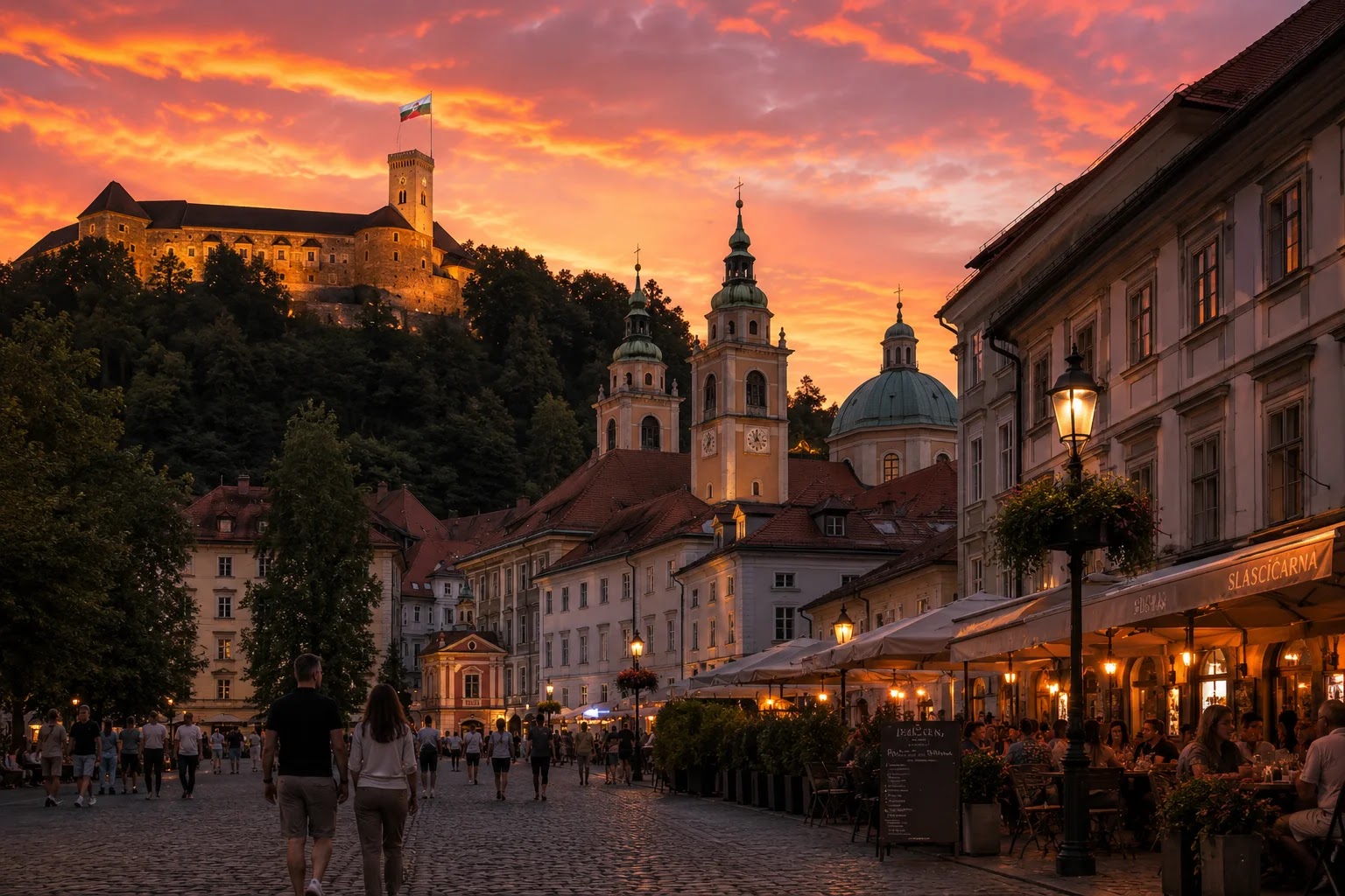 Sončni zahod z gradu, ki zaznamuje konec delovnega tedna v Ljubljani