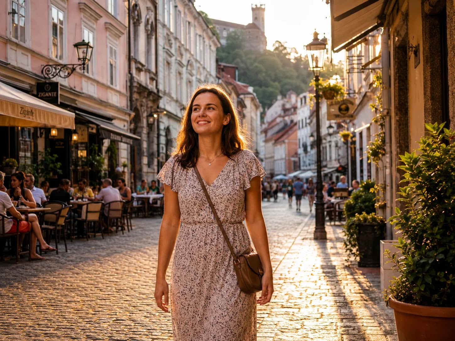 Solo traveller walking comfortably through the Ljubljana old town