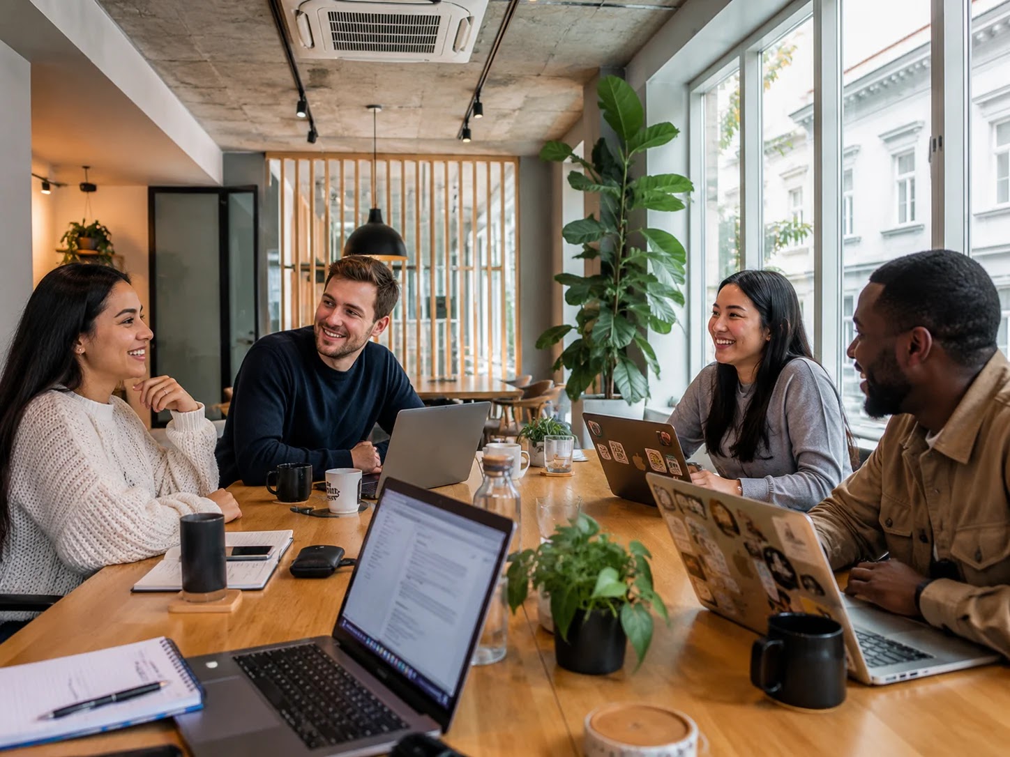 Coworking conversation in English at a desk in Ljubljana