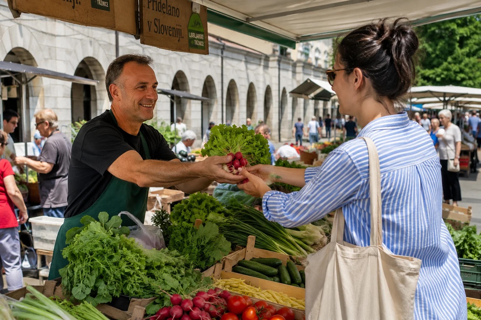 Market vendor helping a tourist in Ljubljana