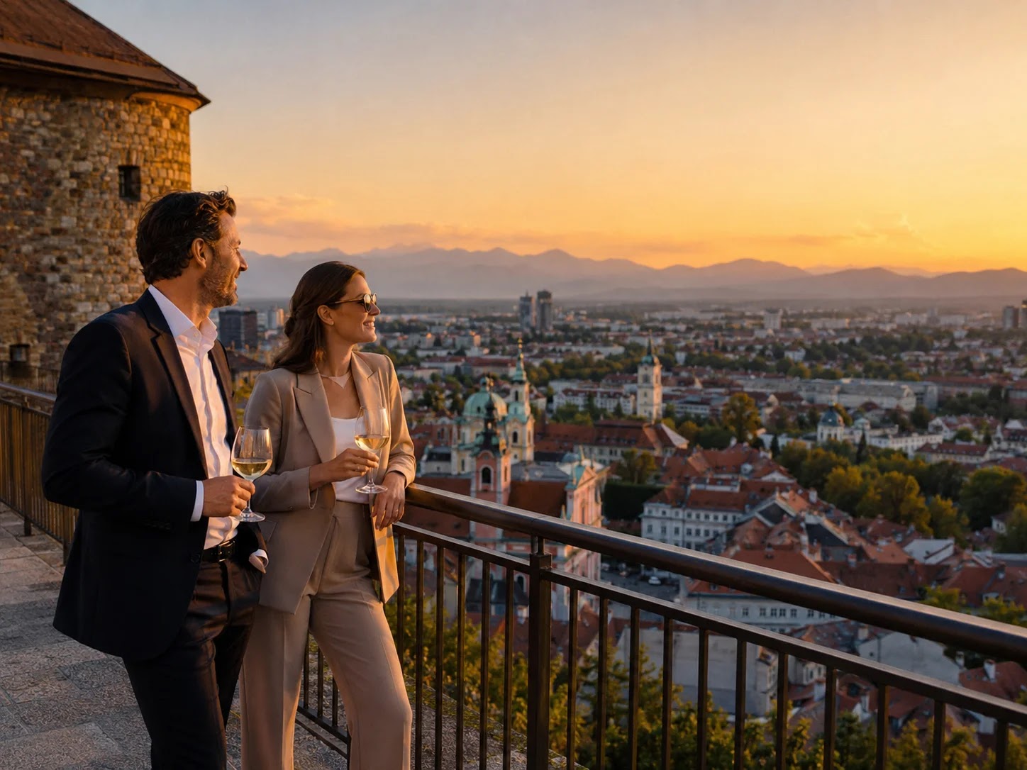 Ljubljanski grad ob sončnem zahodu, večerna zabava za stranke