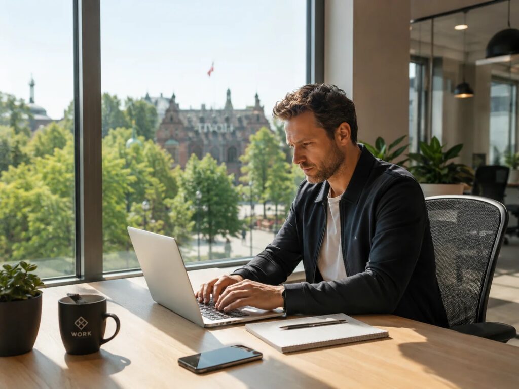 Business traveller working at a coworking desk in Ljubljana