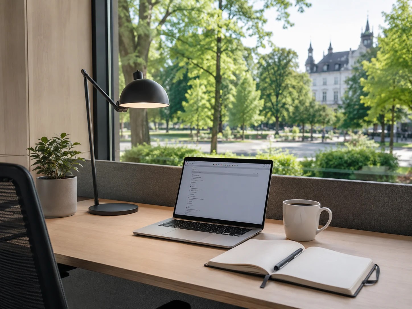 Coffee cup beside a laptop at a coworking desk