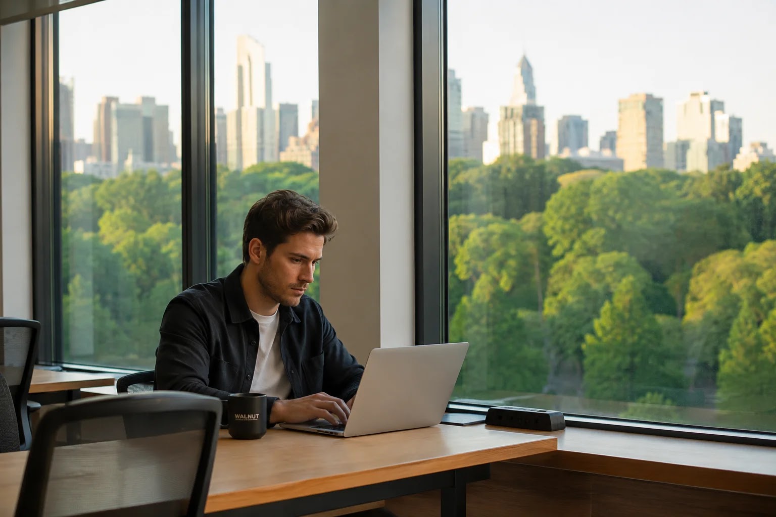 Focused coworking morning at a desk before an afternoon trip