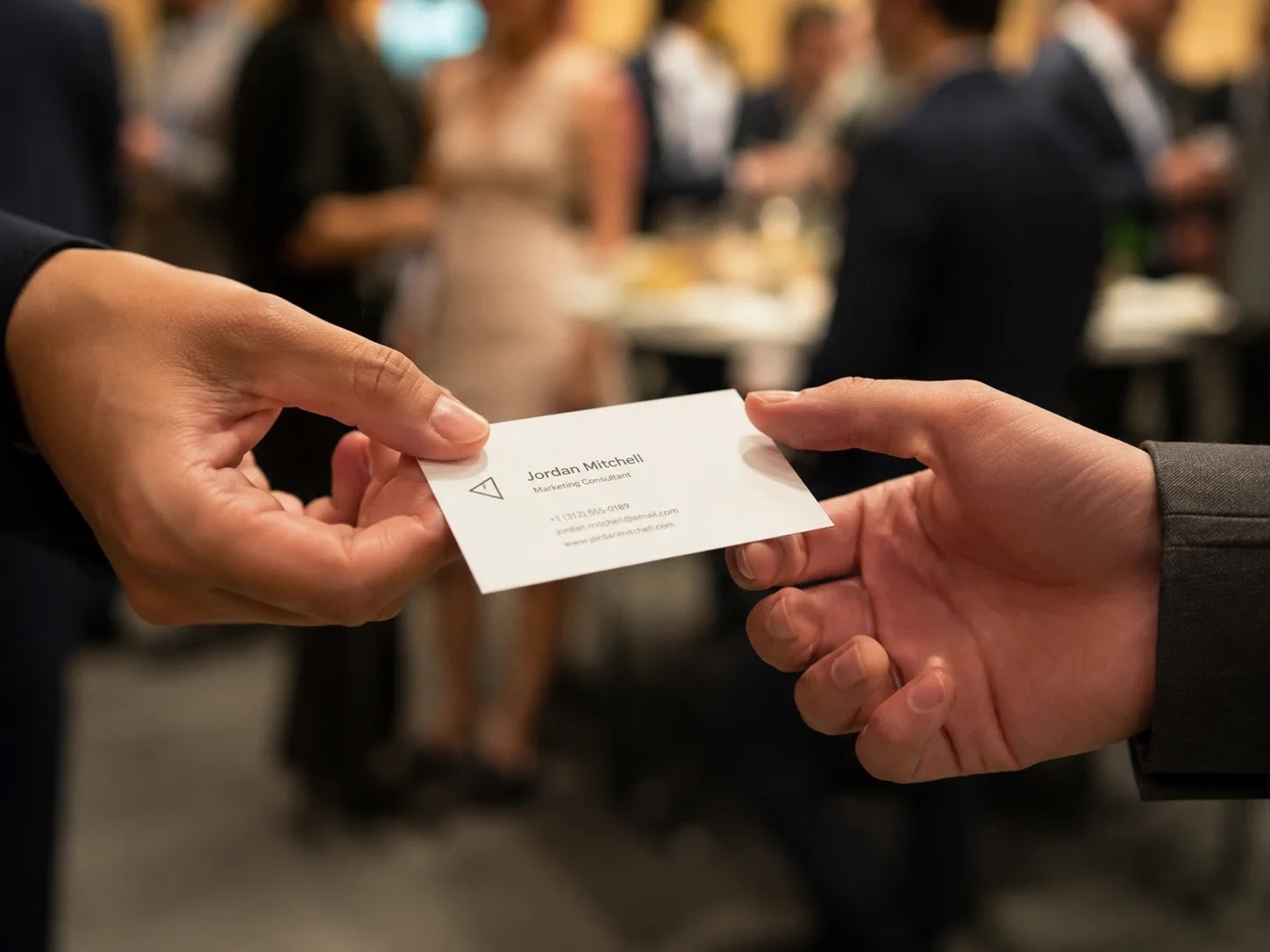 Two entrepreneurs exchanging business cards at a networking event