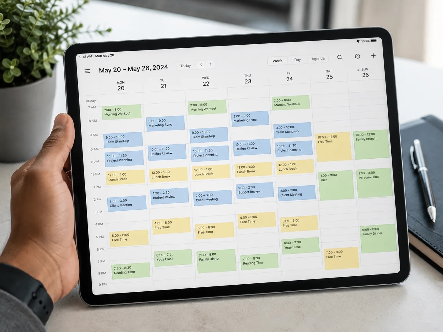 A calendar with free time and exercise scheduled in