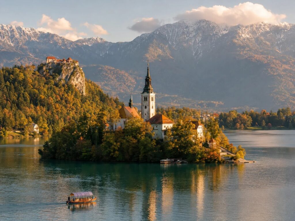 Lake Bled with its island church seen on an afternoon day trip