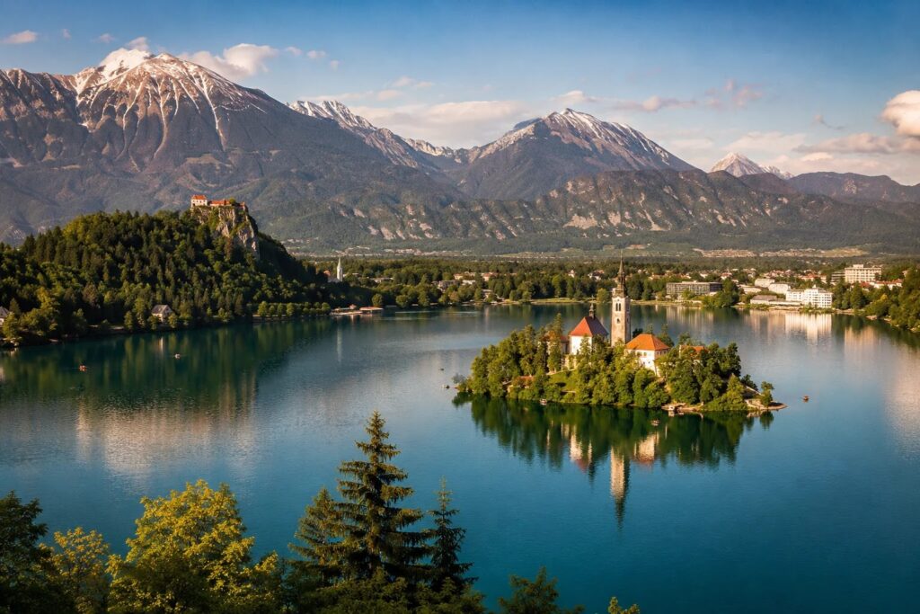 Panorama of Lake Bled with its island and castle