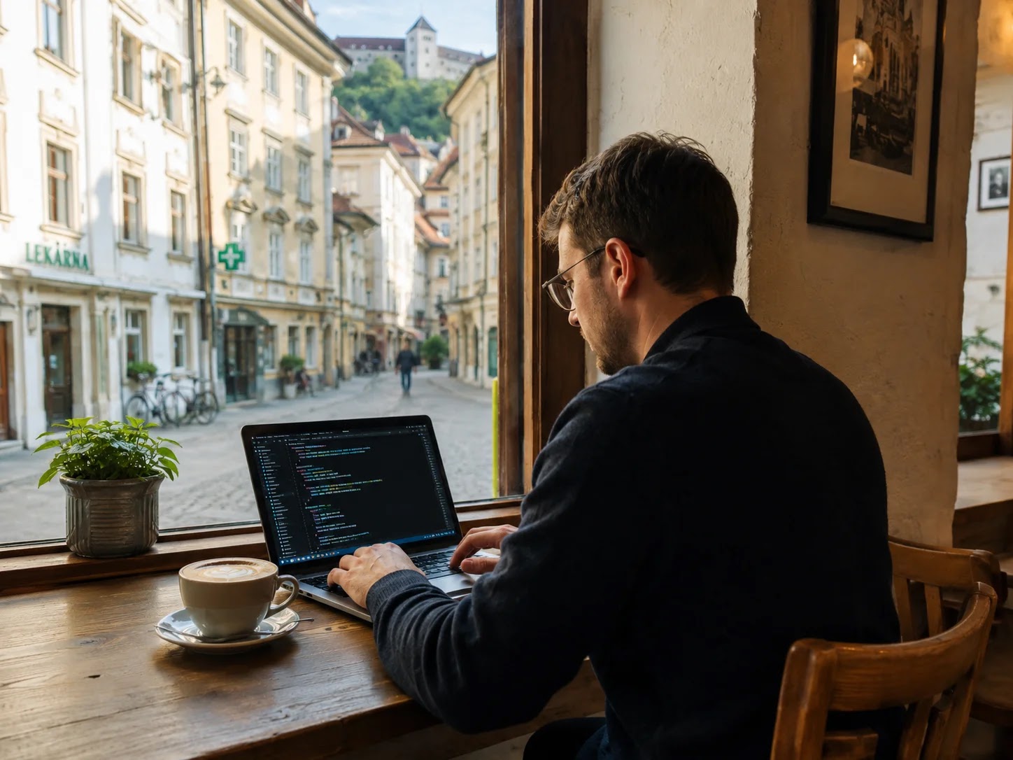 Remote worker with a laptop and coffee at a Ljubljana cafe