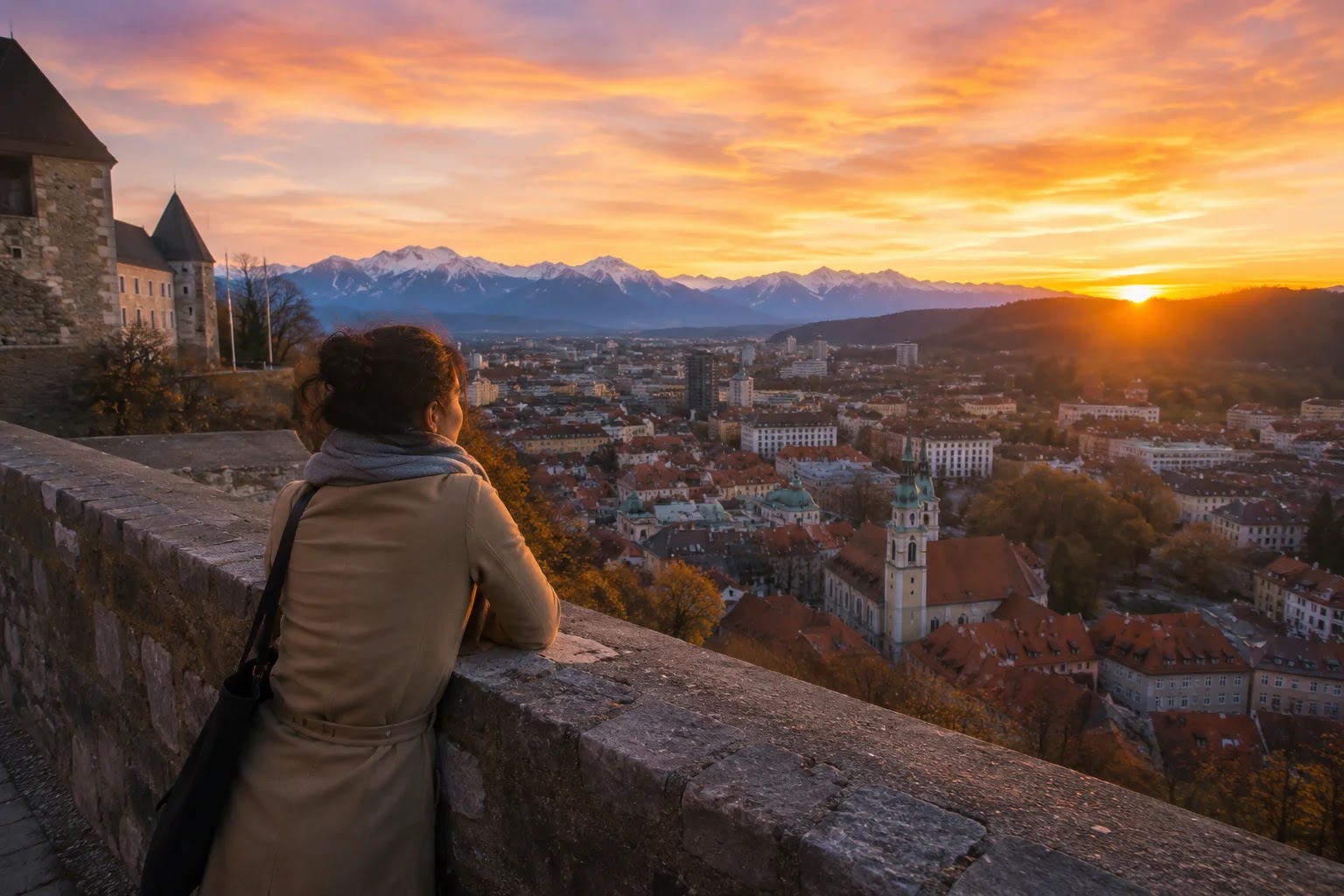 Sunset view from Ljubljana Castle ramparts in the evening